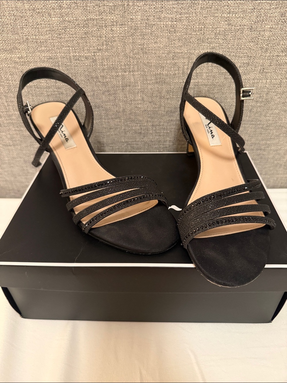 Nina Black Strappy Evening Heels with Ankle Buckle